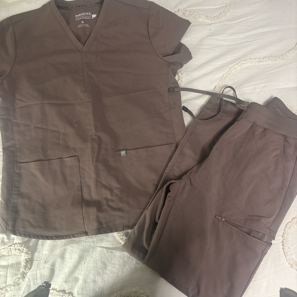 Fabletics Women's V-neck Scrub Top and Jogger Set in Espresso